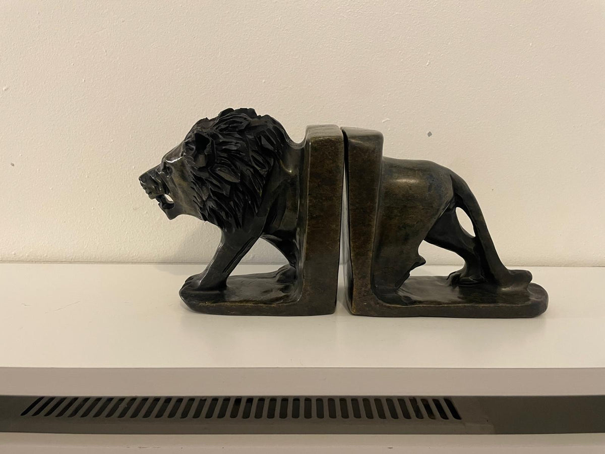 Hand‑Carved Soapstone Lion Bookends 25cm